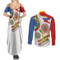 Philippines MassKara Festival Couples Matching Summer Maxi Dress and Long Sleeve Button Shirt Smile Masks with Hawaiian Art Pattern and Tropical Plants LT03 - Polynesian Pride