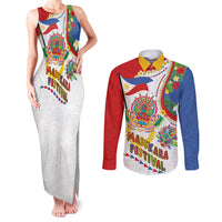 Philippines MassKara Festival Couples Matching Tank Maxi Dress and Long Sleeve Button Shirt Smile Masks with Hawaiian Art Pattern and Tropical Plants LT03 Multicolor - Polynesian Pride