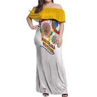 Philippines MassKara Festival Off Shoulder Maxi Dress Smile Masks with Hawaiian Art Pattern and Tropical Plants