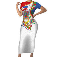 Philippines MassKara Festival Short Sleeve Bodycon Dress Smile Masks with Hawaiian Art Pattern and Tropical Plants