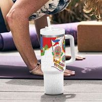 Philippines MassKara Festival Tumbler With Handle Smile Masks with Hawaiian Art Pattern and Tropical Plants