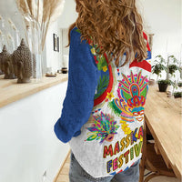 Philippines MassKara Festival Women Casual Shirt Smile Masks with Hawaiian Art Pattern and Tropical Plants