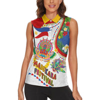 Philippines MassKara Festival Women Sleeveless Polo Shirt Smile Masks with Hawaiian Art Pattern and Tropical Plants