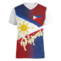 Philippines Basketball Custom Women V-Neck T-Shirt Pilipinas Tribal Pattern