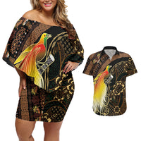 Papua New Guinea and Indonesia Batik Couples Matching Off Shoulder Short Dress and Hawaiian Shirt Bird of Paradise with Tribal Batik Patterns