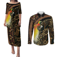 Papua New Guinea and Indonesia Batik Couples Matching Puletasi and Long Sleeve Button Shirt Bird of Paradise with Tribal Batik Patterns LT03 Multicolor - Polynesian Pride