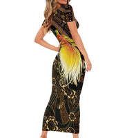 Papua New Guinea and Indonesia Batik Short Sleeve Bodycon Dress Bird of Paradise with Tribal Batik Patterns