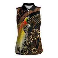 Papua New Guinea and Indonesia Batik Women Sleeveless Polo Shirt Bird of Paradise with Tribal Batik Patterns