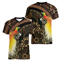 Papua New Guinea and Indonesia Batik Women V-Neck T-Shirt Bird of Paradise with Tribal Batik Patterns