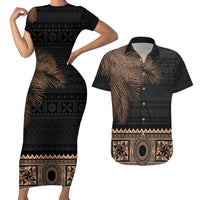 Fiji Palm Leaves Couples Matching Short Sleeve Bodycon Dress and Hawaiian Shirt Masi and Tapa Tribal Pattern Beige Color LT03 Beige - Polynesian Pride