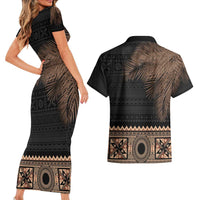 Fiji Palm Leaves Couples Matching Short Sleeve Bodycon Dress and Hawaiian Shirt Masi and Tapa Tribal Pattern Beige Color LT03 - Polynesian Pride