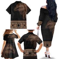 Fiji Palm Leaves Family Matching Off The Shoulder Long Sleeve Dress and Hawaiian Shirt Masi and Tapa Tribal Pattern Beige Color LT03 - Polynesian Pride