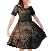 Fiji Palm Leaves Family Matching Off Shoulder Short Dress and Hawaiian Shirt Masi and Tapa Tribal Pattern Beige Color LT03 Daughter's Dress Beige - Polynesian Pride