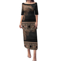 Fiji Palm Leaves Family Matching Puletasi and Hawaiian Shirt Masi and Tapa Tribal Pattern Beige Color LT03 Mom's Dress Beige - Polynesian Pride