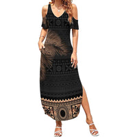 Fiji Palm Leaves Family Matching Summer Maxi Dress and Hawaiian Shirt Masi and Tapa Tribal Pattern Beige Color