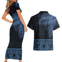 Fiji Palm Leaves Couples Matching Short Sleeve Bodycon Dress and Hawaiian Shirt Masi and Tapa Tribal Pattern Blue Color LT03 - Polynesian Pride