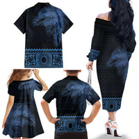 Fiji Palm Leaves Family Matching Off The Shoulder Long Sleeve Dress and Hawaiian Shirt Masi and Tapa Tribal Pattern Blue Color LT03 - Polynesian Pride