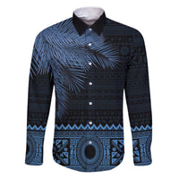 Fiji Palm Leaves Family Matching Puletasi and Hawaiian Shirt Masi and Tapa Tribal Pattern Blue Color LT03 Dad's Shirt - Long Sleeve Blue - Polynesian Pride