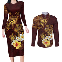 Polynesian Turtle Couples Matching Long Sleeve Bodycon Dress and Long Sleeve Button Shirt Plumeria Hibiscus Pattern Oxblood