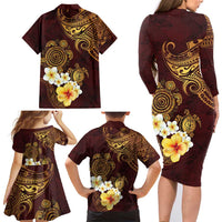 Polynesian Turtle Family Matching Long Sleeve Bodycon Dress and Hawaiian Shirt Plumeria Hibiscus Pattern Oxblood LT03 - Polynesian Pride