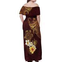Polynesian Turtle Off Shoulder Maxi Dress Plumeria Hibiscus Pattern Oxblood