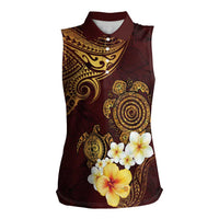 Polynesian Turtle Women Sleeveless Polo Shirt Plumeria Hibiscus Pattern Oxblood