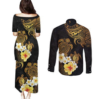Polynesian Turtle Couples Matching Puletasi and Long Sleeve Button Shirt Plumeria Hibiscus Pattern Black Color