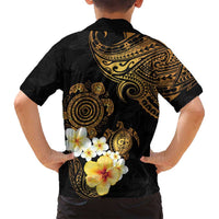 Polynesian Turtle Family Matching Tank Maxi Dress and Hawaiian Shirt Plumeria Hibiscus Pattern Black Color
