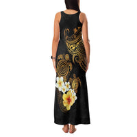 Polynesian Turtle Family Matching Tank Maxi Dress and Hawaiian Shirt Plumeria Hibiscus Pattern Black Color