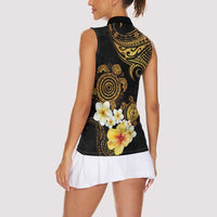 Polynesian Turtle Women Sleeveless Polo Shirt Plumeria Hibiscus Pattern Black Color