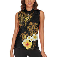 Polynesian Turtle Women Sleeveless Polo Shirt Plumeria Hibiscus Pattern Black Color