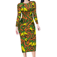 New Zealand Kowhai Flowers Family Matching Long Sleeve Bodycon Dress and Hawaiian Shirt Maori Koru Pattern LT03 Mom's Dress Orange - Polynesian Pride