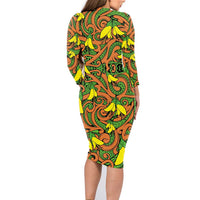 New Zealand Kowhai Flowers Family Matching Long Sleeve Bodycon Dress and Hawaiian Shirt Maori Koru Pattern LT03 - Polynesian Pride