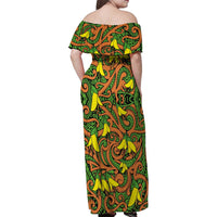 New Zealand Kowhai Flowers Family Matching Off Shoulder Maxi Dress and Hawaiian Shirt Maori Koru Pattern LT03 - Polynesian Pride