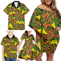 New Zealand Kowhai Flowers Family Matching Off Shoulder Short Dress and Hawaiian Shirt Maori Koru Pattern LT03 - Polynesian Pride