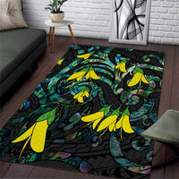 New Zealand Kowhai Flowers Area Rug Maori Koru Pattern With Paua Shell Style LT03 Black - Polynesian Pride