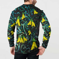 New Zealand Kowhai Flowers Button Sweatshirt Maori Koru Pattern With Paua Shell Style