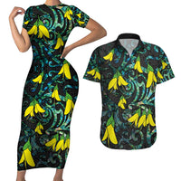New Zealand Kowhai Flowers Couples Matching Short Sleeve Bodycon Dress and Hawaiian Shirt Maori Koru Pattern With Paua Shell Style LT03 Black - Polynesian Pride