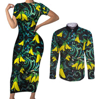 New Zealand Kowhai Flowers Couples Matching Short Sleeve Bodycon Dress and Long Sleeve Button Shirt Maori Koru Pattern With Paua Shell Style