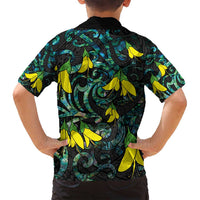 New Zealand Kowhai Flowers Family Matching Long Sleeve Bodycon Dress and Hawaiian Shirt Maori Koru Pattern With Paua Shell Style LT03 - Polynesian Pride