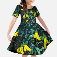 New Zealand Kowhai Flowers Family Matching Off The Shoulder Long Sleeve Dress and Hawaiian Shirt Maori Koru Pattern With Paua Shell Style LT03 Daughter's Dress Black - Polynesian Pride