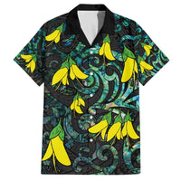 New Zealand Kowhai Flowers Family Matching Puletasi and Hawaiian Shirt Maori Koru Pattern With Paua Shell Style LT03 Dad's Shirt - Short Sleeve Black - Polynesian Pride