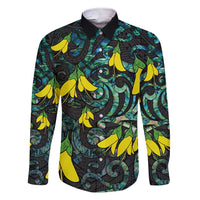 New Zealand Kowhai Flowers Family Matching Short Sleeve Bodycon Dress and Hawaiian Shirt Maori Koru Pattern With Paua Shell Style LT03 Dad's Shirt - Long Sleeve Black - Polynesian Pride