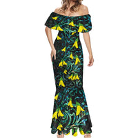 New Zealand Kowhai Flowers Mermaid Dress Maori Koru Pattern With Paua Shell Style LT03 - Polynesian Pride
