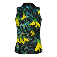 New Zealand Kowhai Flowers Women Sleeveless Polo Shirt Maori Koru Pattern With Paua Shell Style