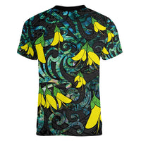 New Zealand Kowhai Flowers Women V-Neck T-Shirt Maori Koru Pattern With Paua Shell Style