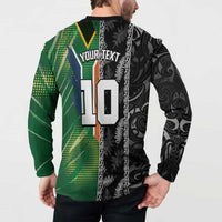 Custom Aotearoa South Africa Rugby Freedom Cup Button Sweatshirt Maori Silver Fern Art and Sporty Flag SA - Polynesian Pride