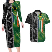 Custom Aotearoa South Africa Rugby Freedom Cup Couples Matching Long Sleeve Bodycon Dress and Hawaiian Shirt Maori Silver Fern Art and Sporty Flag SA LT03 Black - Polynesian Pride