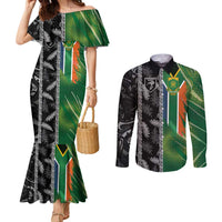 Custom Aotearoa South Africa Rugby Freedom Cup Couples Matching Mermaid Dress and Long Sleeve Button Shirt Maori Silver Fern Art and Sporty Flag SA LT03 Black - Polynesian Pride