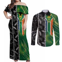 Custom Aotearoa South Africa Rugby Freedom Cup Couples Matching Off Shoulder Maxi Dress and Long Sleeve Button Shirt Maori Silver Fern Art and Sporty Flag SA LT03 Black - Polynesian Pride